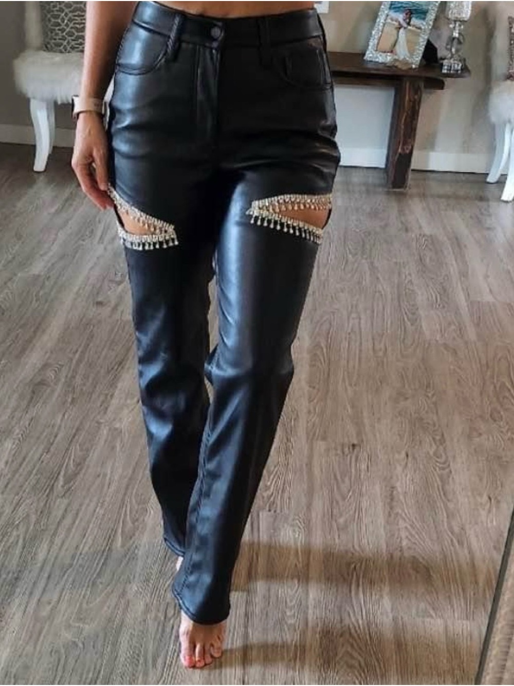 Good American Crystal Rhinestone  Cutout Faux Leather Pants Black Size 8 / 29